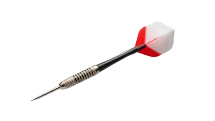 Close up of a dart with red and white flight on black background