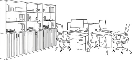 Minimalist vector sketch of a professional office workspace with organized bookshelves, computer desks, ergonomic chairs, and filing cabinets © Bappi