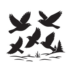 Obraz premium Set of Black Flying Birds Silhouettes with Nature Landscape Elements