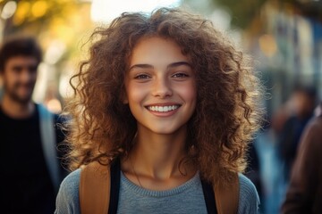 Obraz premium curly-haired young adult wearing a backpack and gray sweater on a sunlit busy city street, surrounded by pedestrians, calm and thoughtful mood