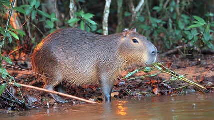 Capybara grooming itself beside a slow-moving jungle river