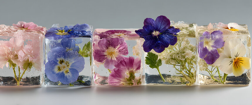 Ice cubes with flowers inside on white background. Springtime symbolism.