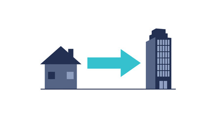 concept illustration of moving from house to apartment big arrow between suburban home and city high rise symbolizing urban relocation
