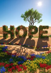 Hope Blooms in Desert with Green Tree and Colorful Flowers