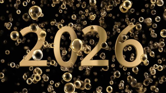 Golden 2026 numbers surrounded by floating gold ornaments against a dark background