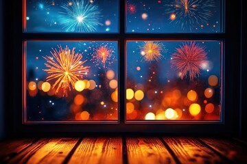Cozy interior with wooden floor and window framing colorful fireworks and bokeh city lights at night, warm glowing celebration and a sense of wonder
