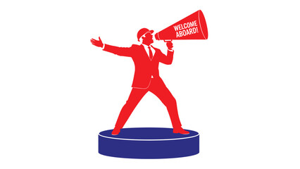 Businessman with Megaphone Shouting Welcome Aboard on Podium Promoting New Opportunities Team Building