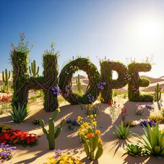 Hope word made of intertwined tree roots and green foliage growing in desert sand with flowers and cacti under blue sky.
