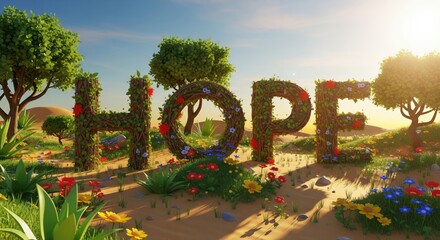 Hope Word Formed From Lush Green Plants in Sunny Nature Landscape, symbolizing optimism, growth, sustainability.