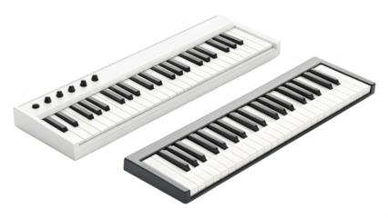 Isometric view of two miniature white and black piano keyboards on black background