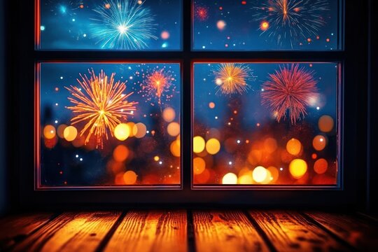 Cozy interior with wooden floor and window framing colorful fireworks and bokeh city lights at night, warm glowing celebration and a sense of wonder - Powered by Adobe