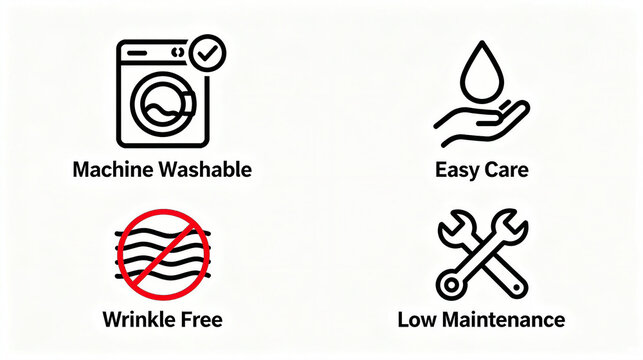 Machine washable, easy to care for and other elements represent the characteristics of wrinkle resistance and low maintenance items, suitable for clothing promotional materials.
