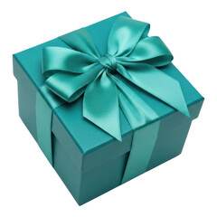 Obraz premium A teal gift box with a satin ribbon and bow isolated on transparent background