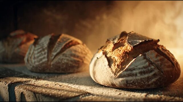 Freshly baked bread loaves emerging from a traditional wood-fired oven in a rustic bakery setting