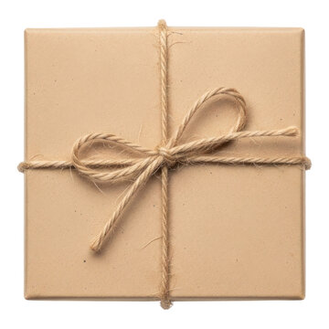 Brown paper package tied with natural twine bow isolated on transparent background