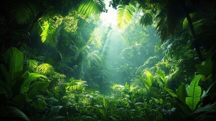 Sunlit tropical jungle clearing with dense lush green foliage, palm and fern leaves, misty light beams creating a serene mystical atmosphere