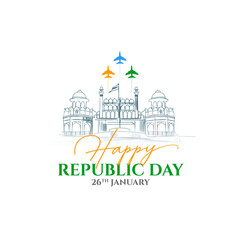 minimalist red fort silhouette and tricolor jets for india republic day