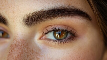 Close-up of a hazel eye with long eyelashes, thick eyebrow and freckles in soft natural light, calm contemplative gaze with window reflection