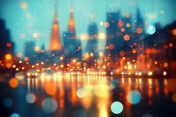Dreamy rainy city night with blurred skyline, glowing bokeh streetlights, raindrops on a window and warm reflections on wet pavement, melancholic mood