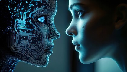 partially visible profile with ear and neck lit by blue glow, vertical blue panels, digital particles and circuit patterns conveying futuristic contemplative mood