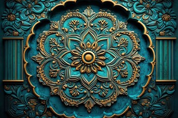 ornate teal and gold carved floral medallion relief with symmetrical filigree, embossed petals and scrollwork in a vintage decorative panel evoking elegance and luxury