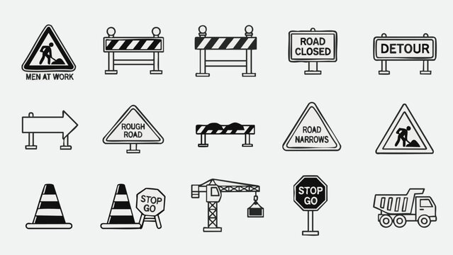Road Work Warning Signs and Roadwork Icons Set.