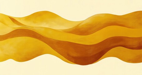 Golden undulating sand dunes forming layered waves of ochre and yellow under soft light, smooth flowing contours evoking calm and serene warmth