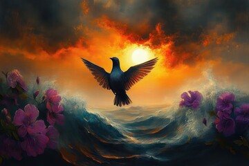 silhouetted bird soaring above turbulent ocean waves toward a fiery sunset with dramatic clouds and purple flowers on the shore, evoking hope and freedom