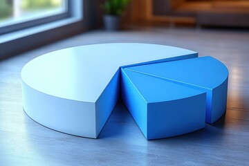 3D blue pie chart with several separated slices on a wooden desk near a window and potted plant, bathed in soft natural light conveying calm professional clarity