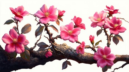 Gnarled tree branch adorned with vibrant pink blossoms, buds and glossy leaves on a soft light background, evoking calm, delicate and serene beauty