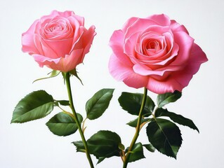 two delicate pink roses with green leaves and slender stems on a clean white background evoking romance tenderness and elegant floral beauty