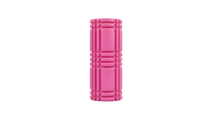A pink rectangular object with horizontal lines on a black background