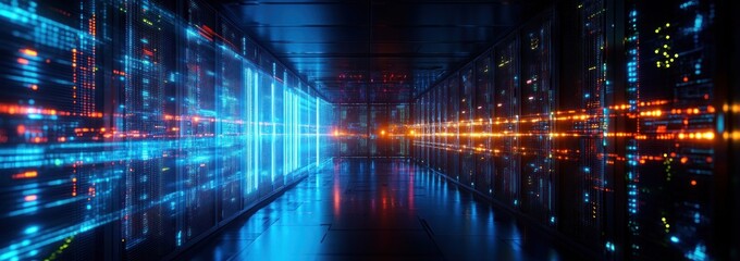 Long reflective data center corridor lined with illuminated server racks, glowing blue panels and orange data light streams conveying futuristic intensity and precision