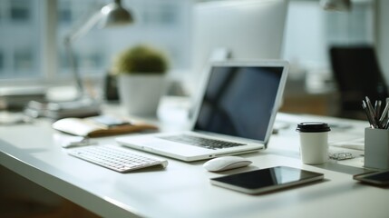 Modern workspace arrangement showcasing productivity and technological tools
