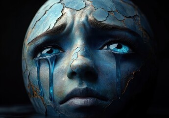 Partial cracked globe with weathered blue-green surface and rusted fissures on a dark background, low-key dramatic lighting evoking fragility and ominous mood