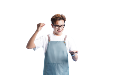 Joyful Expression: A smiling individual joyfully gestures with his hands, creating an atmosphere of enthusiasm and achievement.