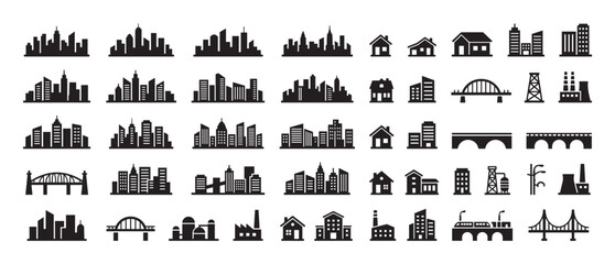 Fototapeta premium Large set of black city silhouettes and urban element icons showing various skylines, skyscrapers, houses, bridges, and industrial factories in a simple flat graphic design