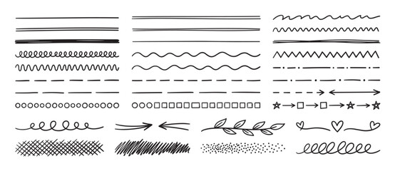 Obraz premium Hand-drawn black marker lines and dividers set with various doodle styles including wavy, zigzag, dashed, and curly strokes, plus decorative arrows, hearts, and scribble textures