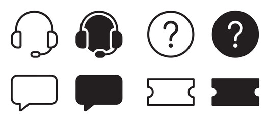 Black vector icons for customer service and helpdesk support, featuring a headset, question mark, chat bubble, and ticket symbol in both outline and filled silhouette graphic styles