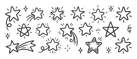 Fototapeta premium Collection of hand-drawn doodle stars in various shapes and styles, including shooting stars and sparkles, creating a playful and whimsical set of celestial icons