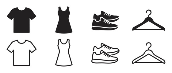 Fototapeta premium Black and white clothing icon set featuring a t-shirt, dress, sneakers, and hanger in both solid silhouette and simple outline styles for user interface design