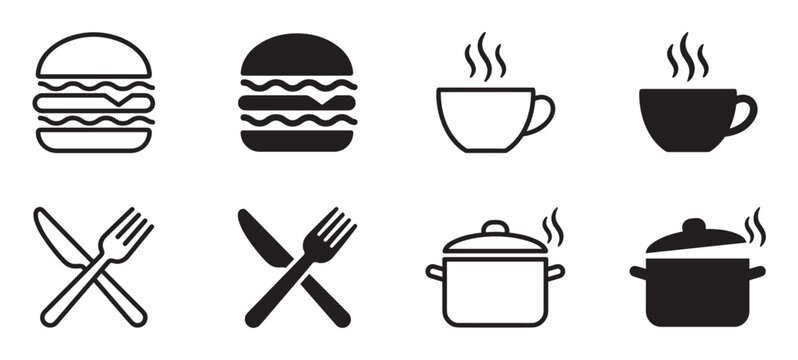 Black food and drink icon set showing a hamburger, steaming cup, cutlery, and cooking pot in minimalist outline and solid silhouette graphic styles for restaurants