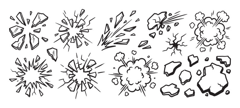 Set of hand-drawn comic explosion and shatter effect elements with cartoon smoke clouds, broken glass cracks, and rock debris in a bold black and white line art doodle illustration