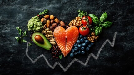 Heart-shaped salmon fillet with avocado, guacamole, mixed nuts, blueberries, cherry tomatoes and basil on dark slate beside a chalk heartbeat line, suggesting heart health