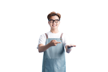 Smiling barista showing something: A friendly and approachable barista, radiates warmth and professionalism while holding out an open palm and pointing toward something.