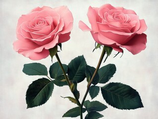 Two pink roses with long stems and dark green leaves against a soft neutral background, delicate romantic and serene floral bloom