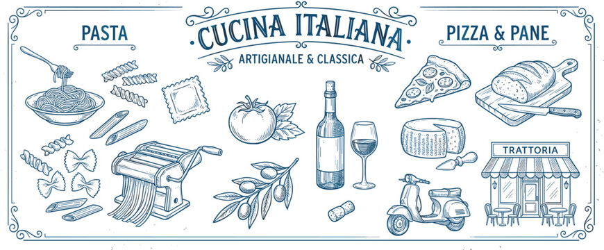 Vintage blue line art illustrations of traditional Italian food and culture, with pasta, pizza, wine, cheese, olives, and a scooter in a classic hand-drawn sketch style