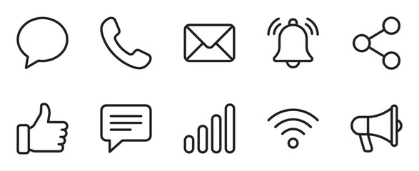 Collection of black line art icons for communication and social media, including a phone, email, notification, share, like, and message symbol for web and mobile interfaces