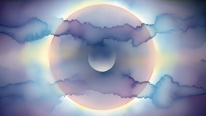 Abstract ethereal cosmic vision with a radiant central orb and subtle crescent. Soft watercolor clouds in blue and purple unveil a mystical, dreamlike celestial phenomenon