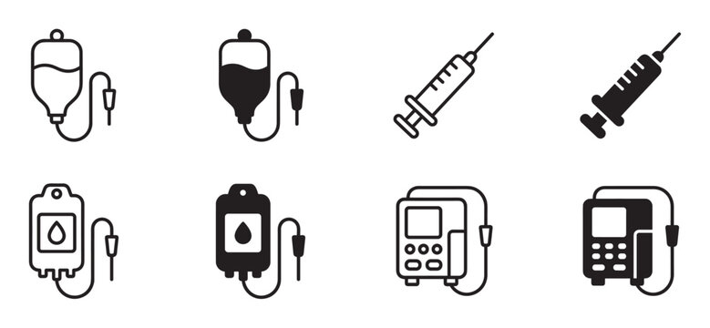 Black medical equipment icon set showing intravenous drip bags, syringes, blood transfusion bags, and infusion pumps in both line art and solid glyph styles for healthcare design